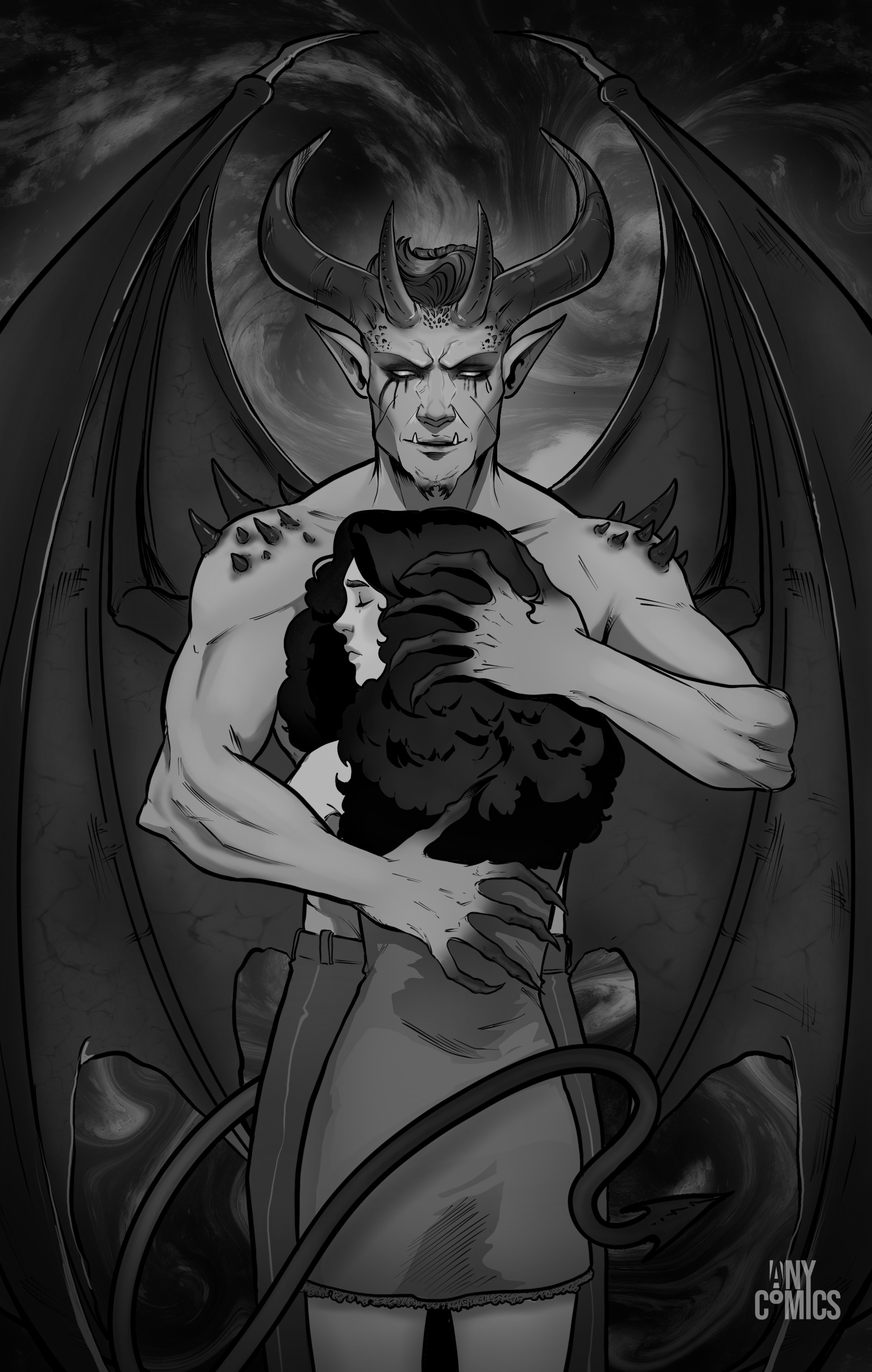 A man with devil horns embracing a woman.